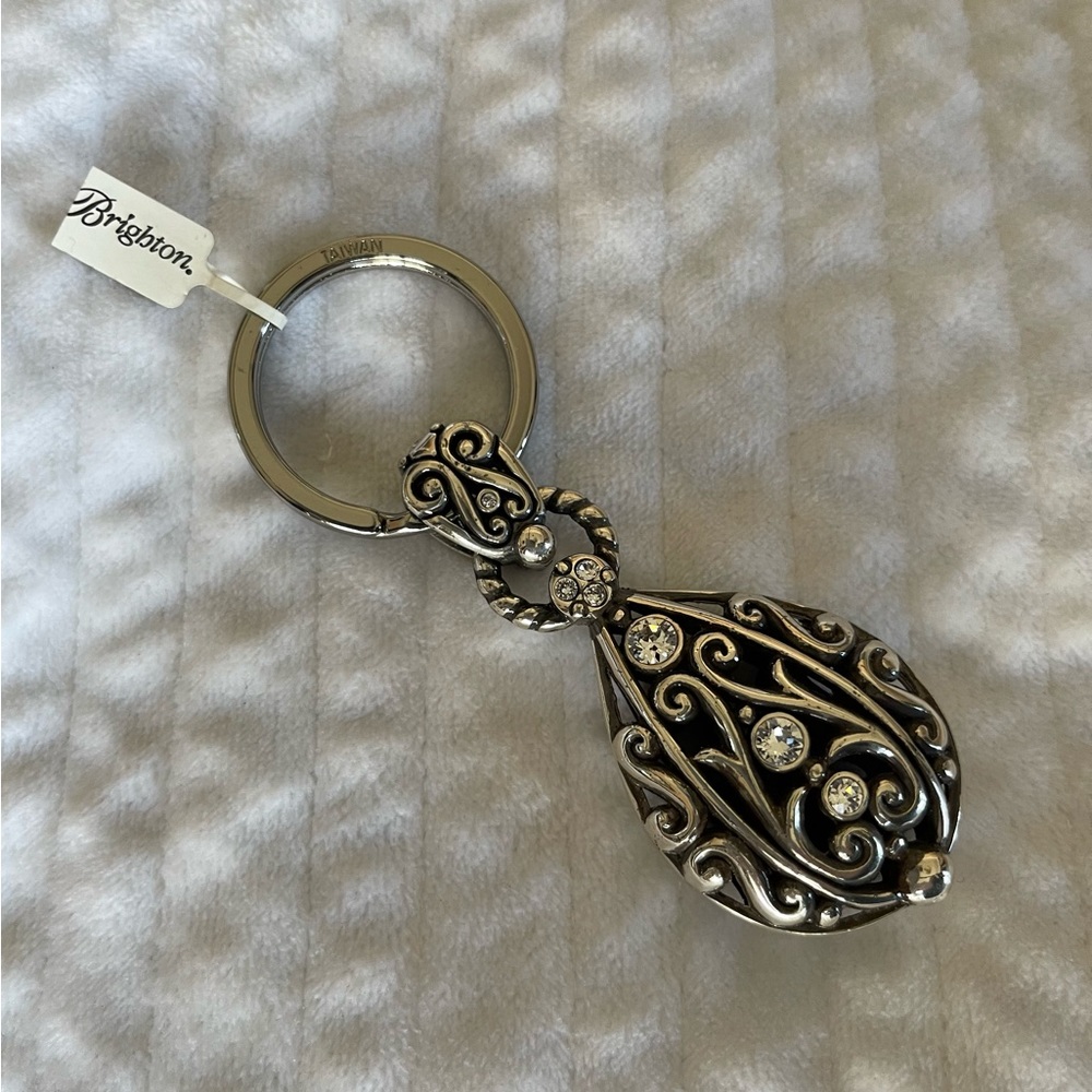 NWT Brighton Bibi Scroll Key Fob Keychain Silver Plated Crystals
